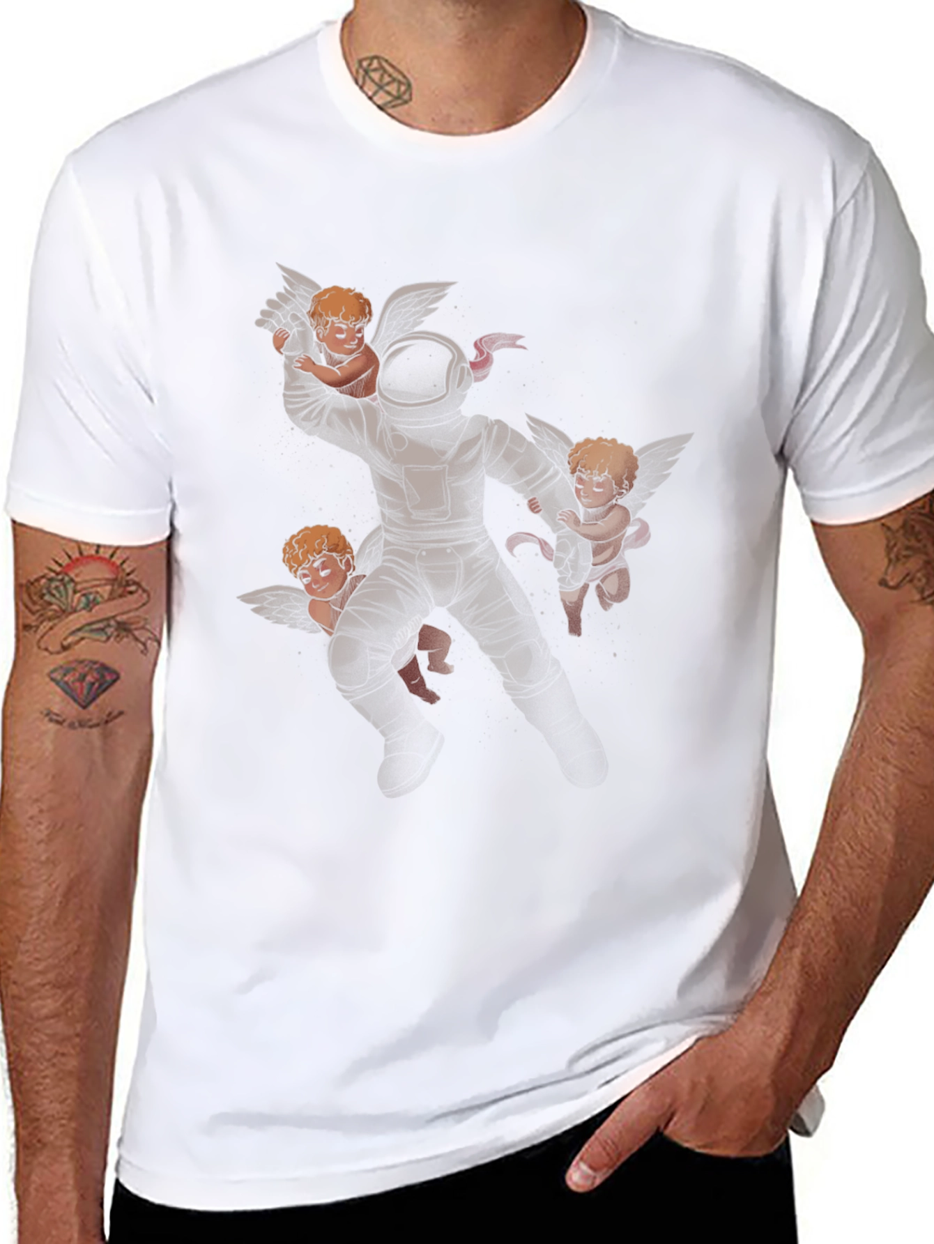 Astronaut and Angels Graphic Print Black T-Shirt
