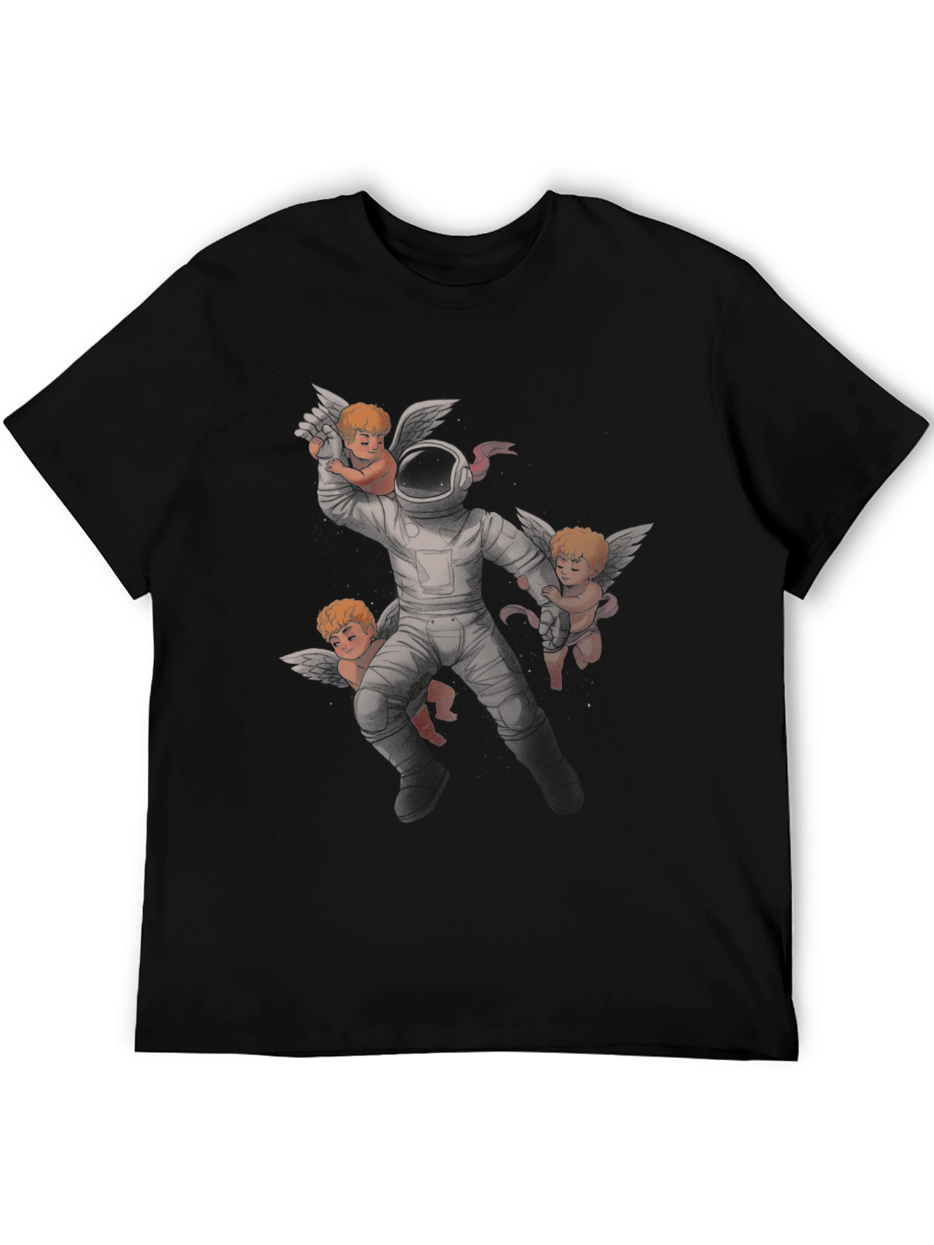 Astronaut and Angels Graphic Print Black T-Shirt