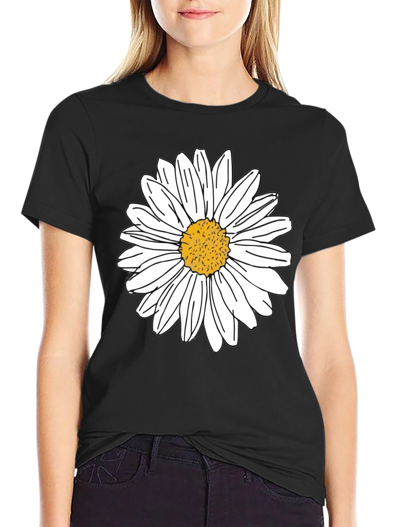 Daisy Graphic Tee - Black Cotton Casual Shirt