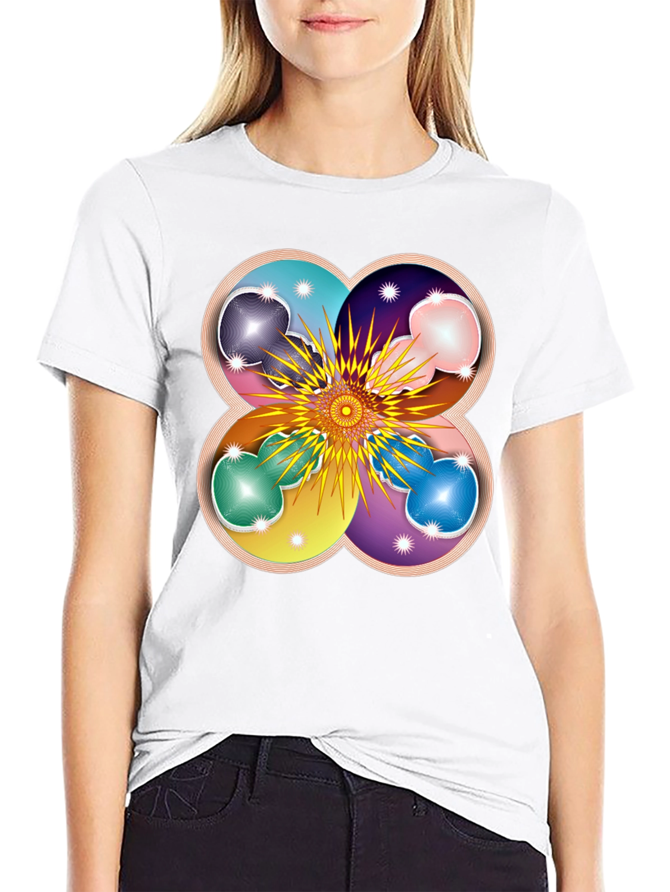 Geometric Flower Mandala Black T-Shirt