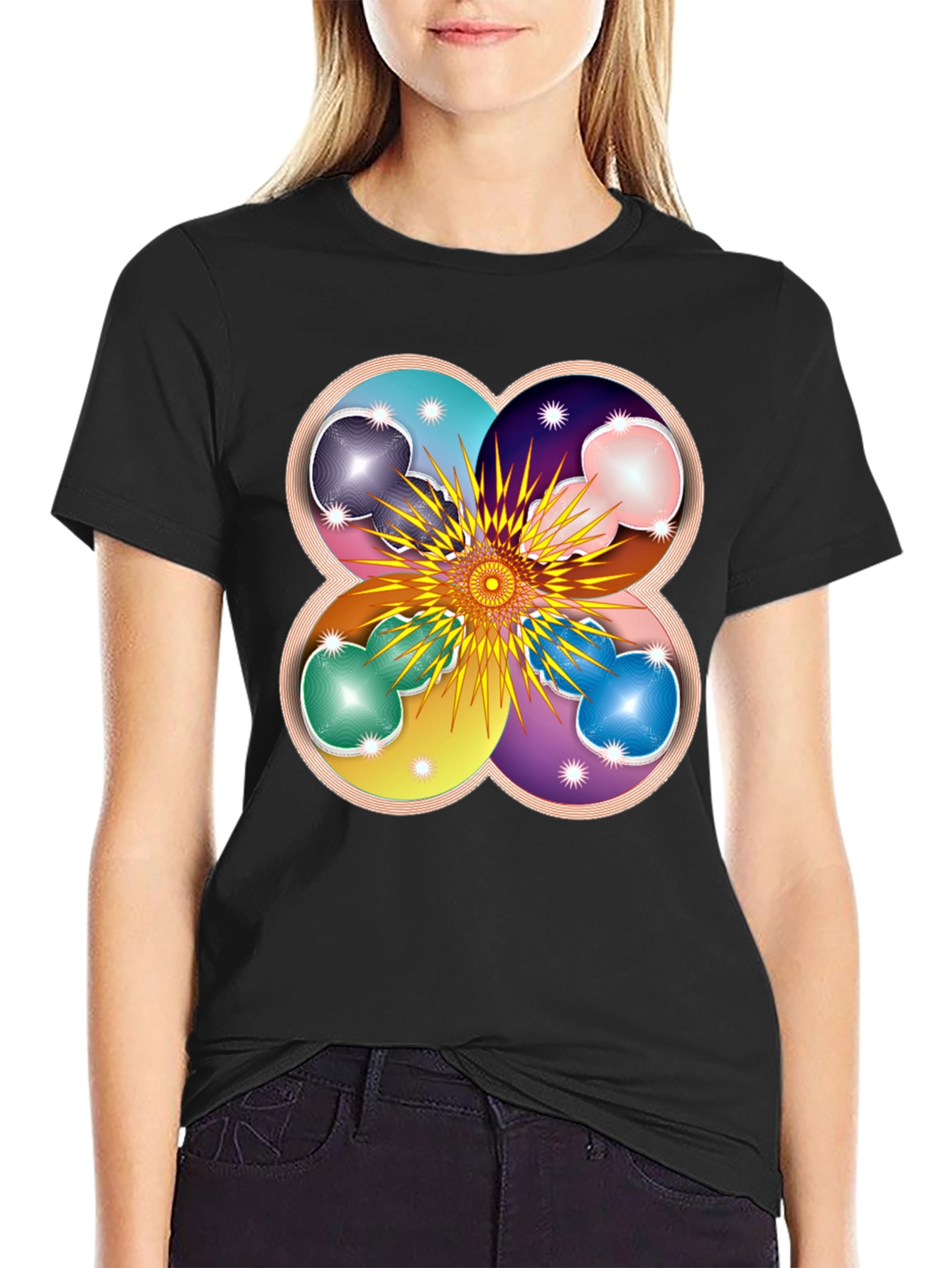 Geometric Flower Mandala Black T-Shirt