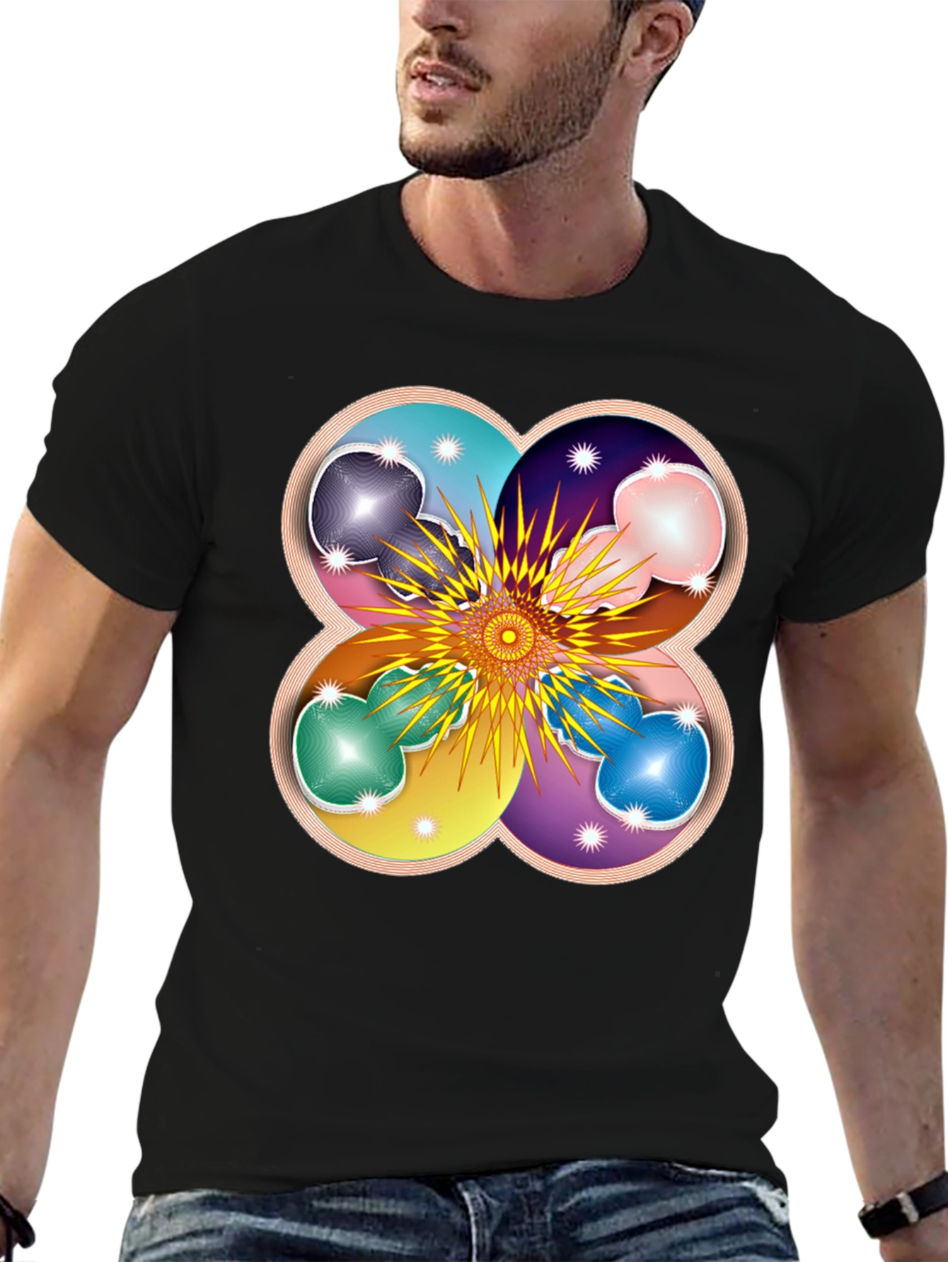 Geometric Flower Mandala Black T-Shirt