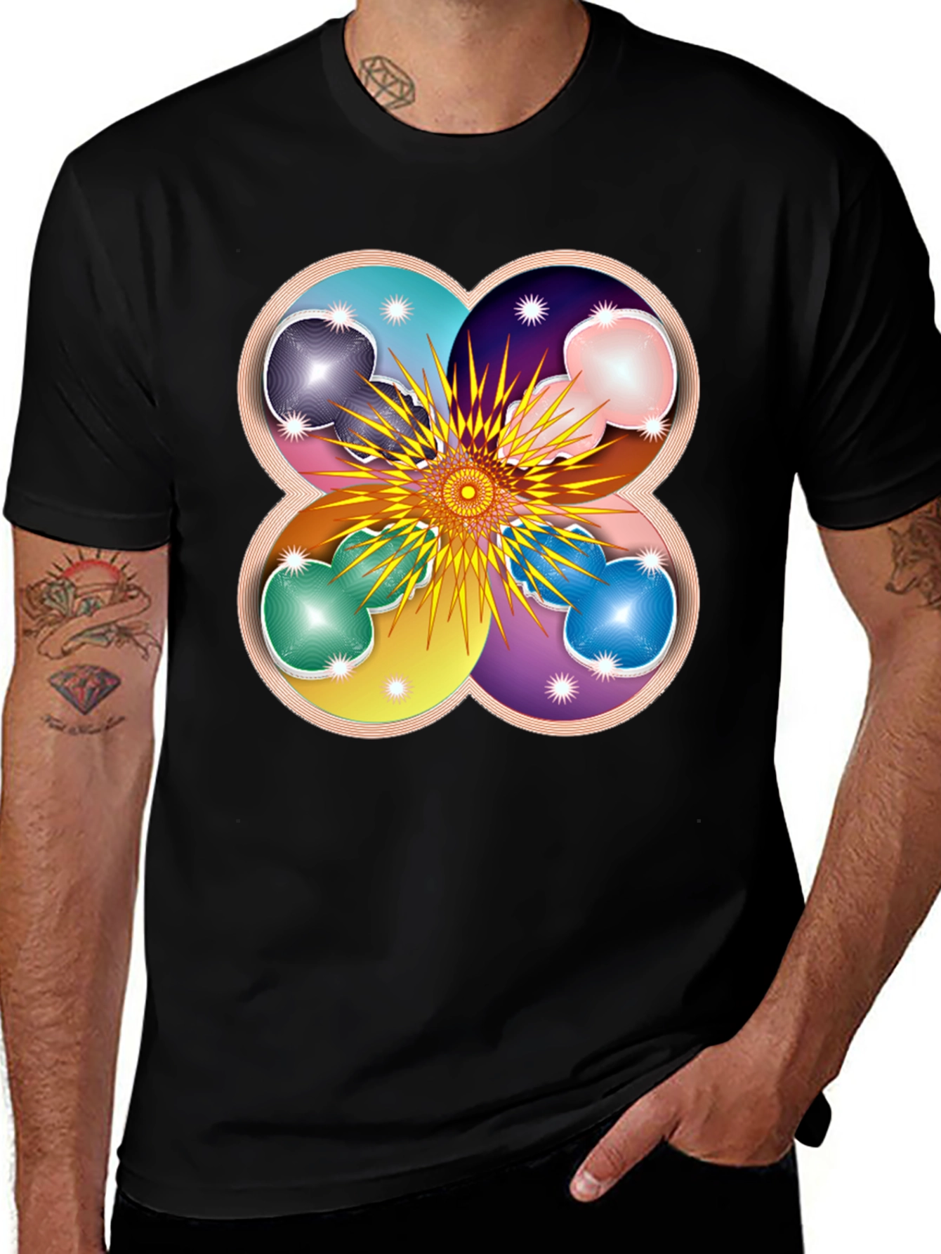 Geometric Flower Mandala Black T-Shirt