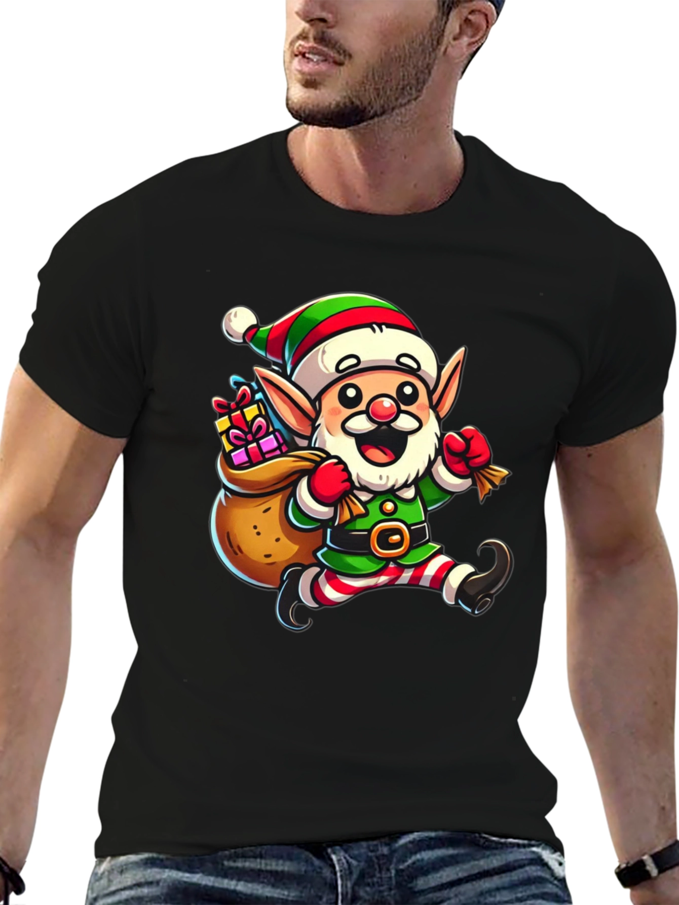 Festive Elf Graphic T-Shirt - Holiday Cheer