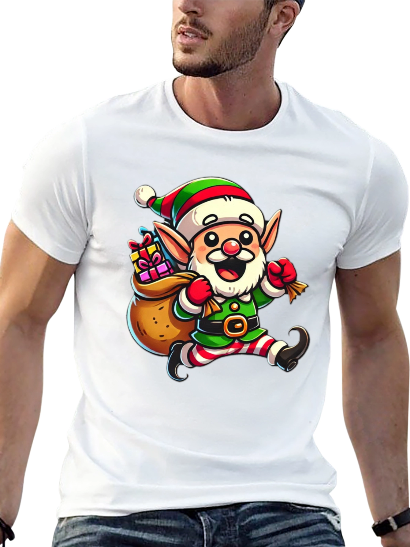 Festive Elf Graphic T-Shirt - Holiday Cheer