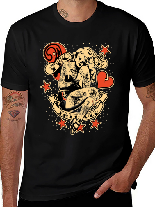 Tattoo Art Graphic Tee - Vintage Style Black T-Shirt