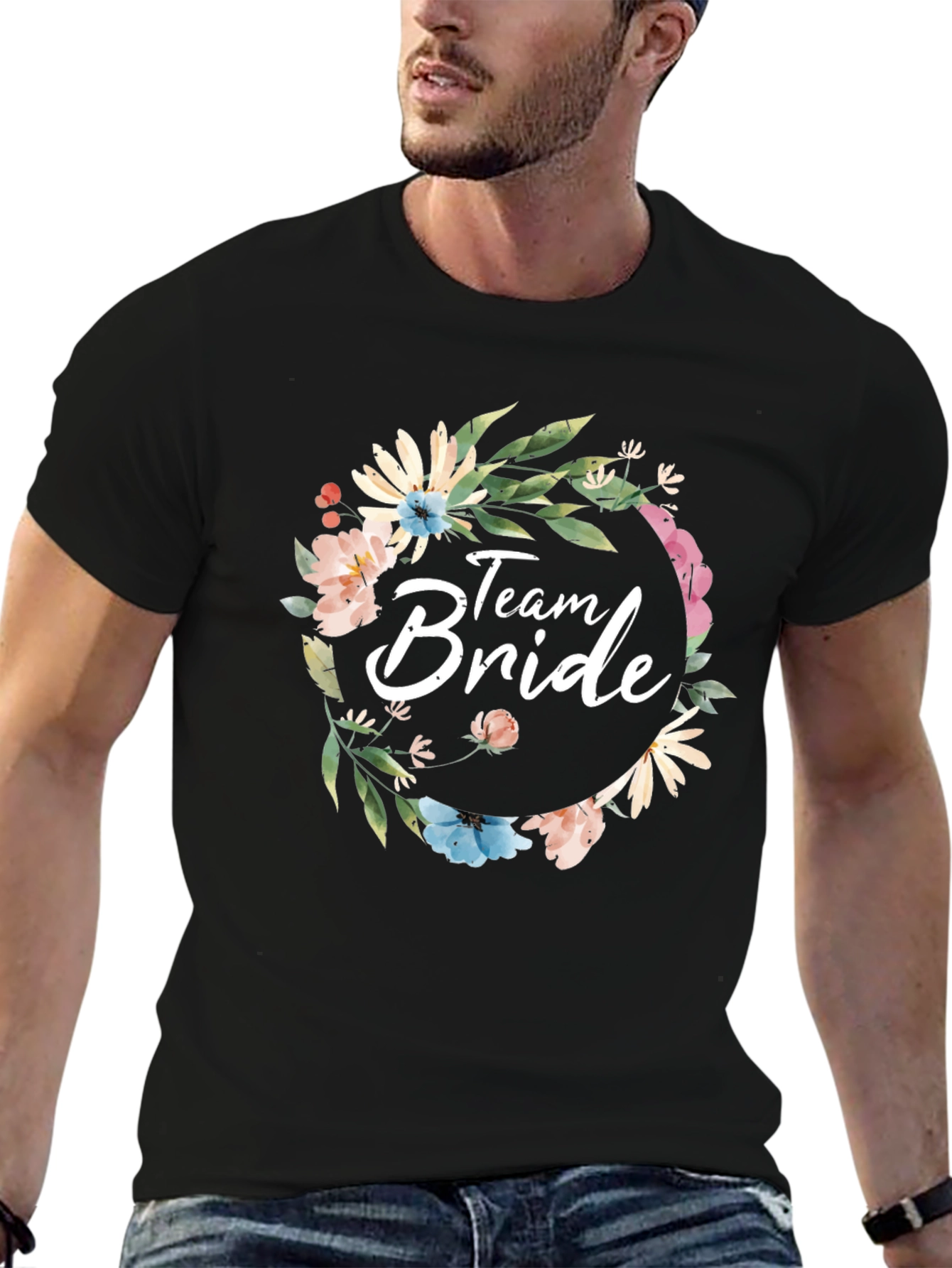 Team Bride Floral Wreath Black T-Shirt