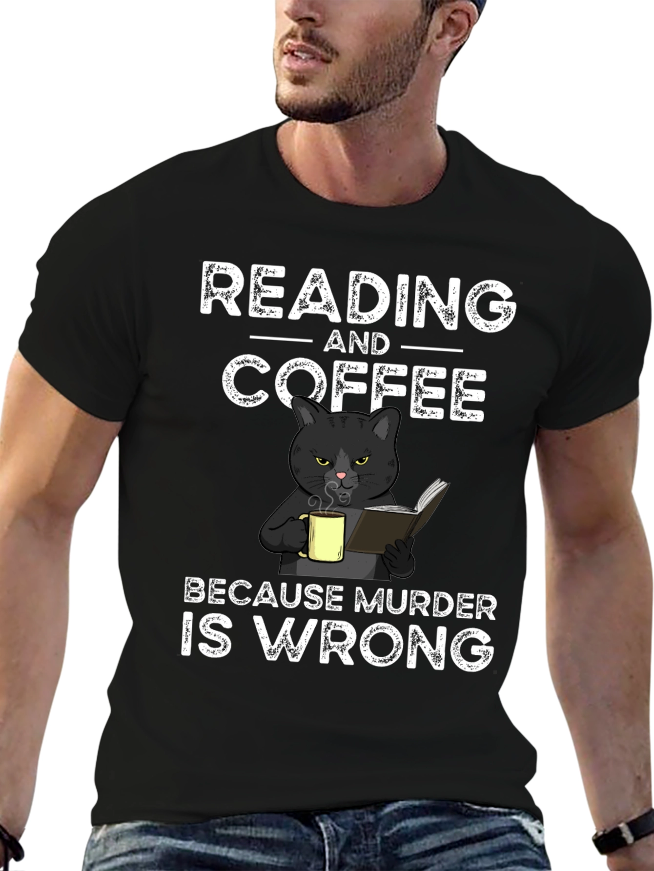 Reading and Coffee T-Shirt Black Cat Murder Funny Tee
