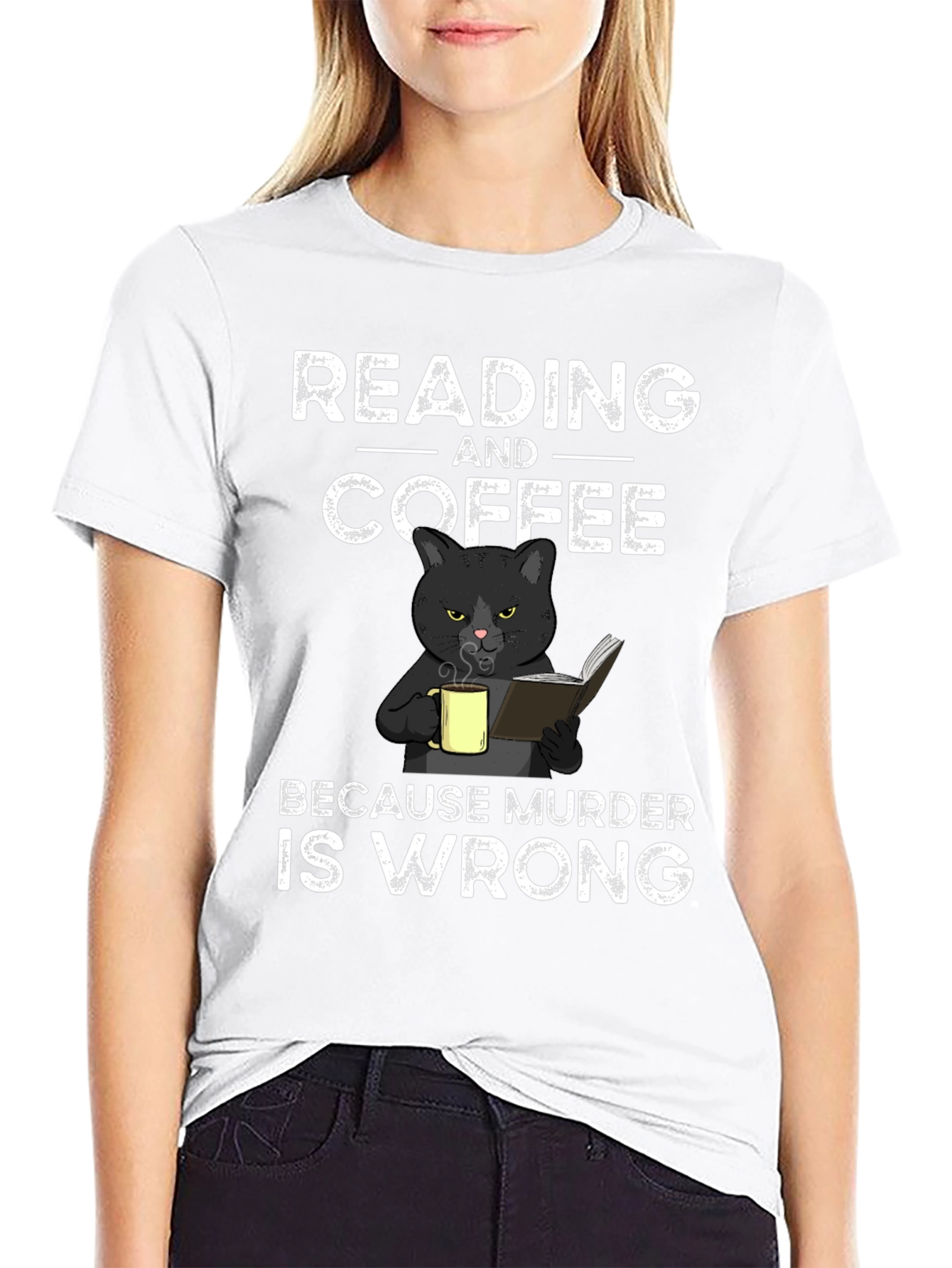 Reading and Coffee T-Shirt Black Cat Murder Funny Tee