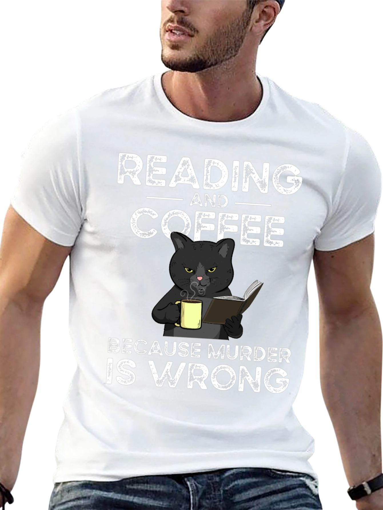 Reading and Coffee T-Shirt Black Cat Murder Funny Tee