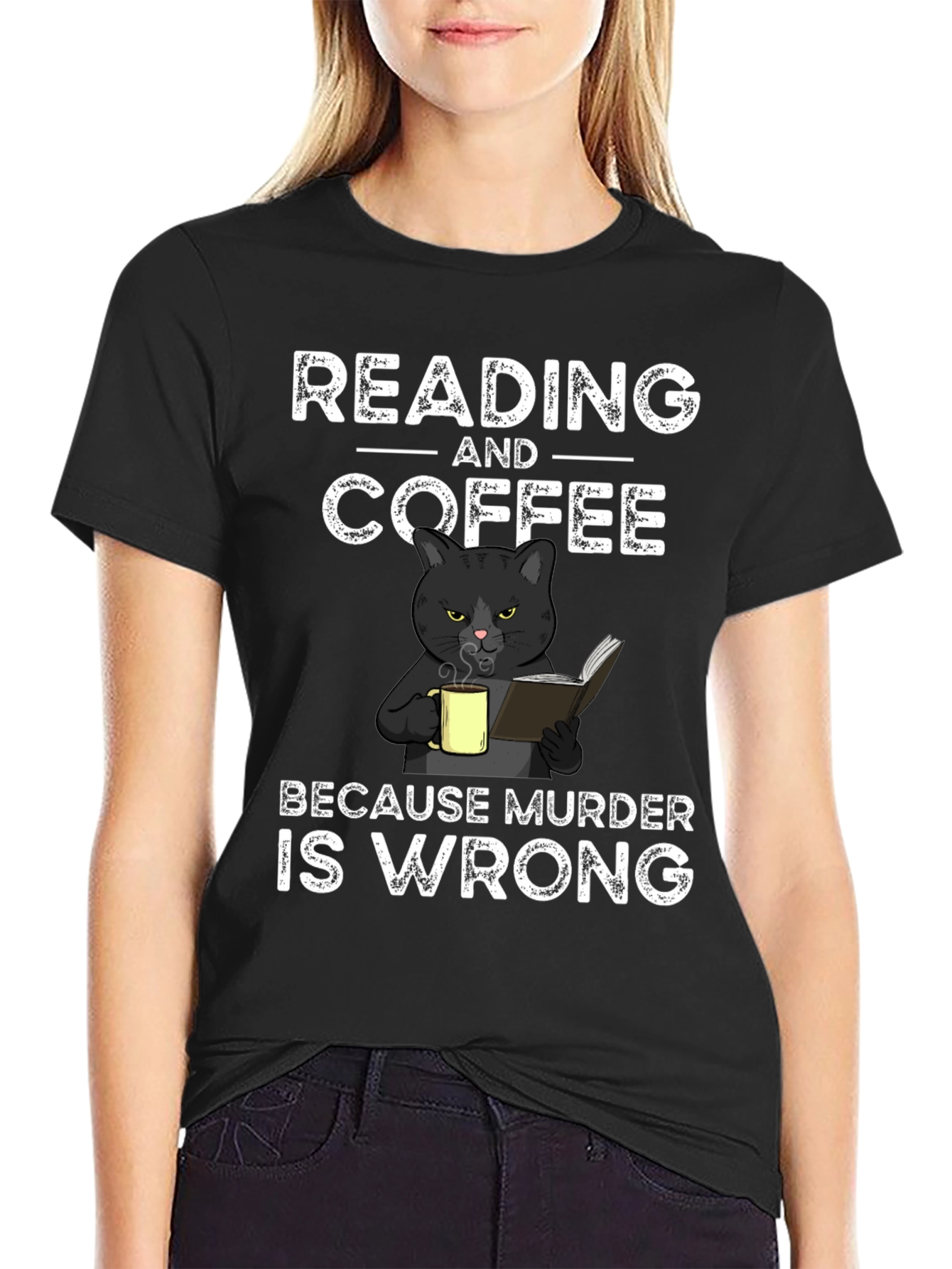 Reading and Coffee T-Shirt Black Cat Murder Funny Tee
