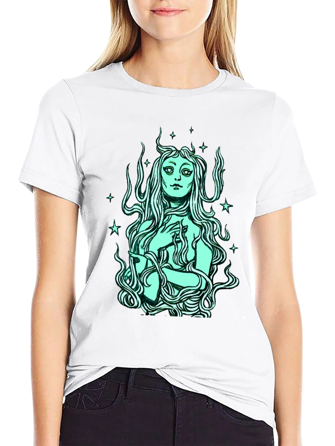 Mystic Mermaid Graphic Tee - Black Cotton Blend