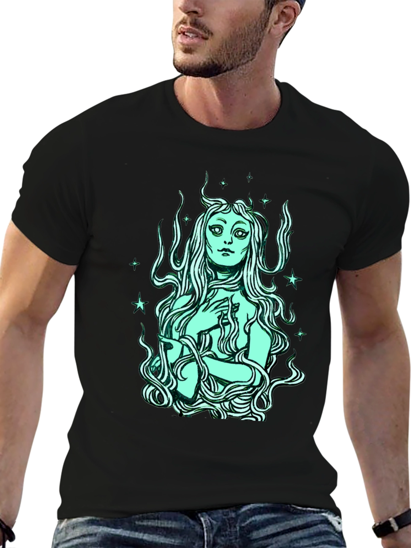 Mystic Mermaid Graphic Tee - Black Cotton Blend