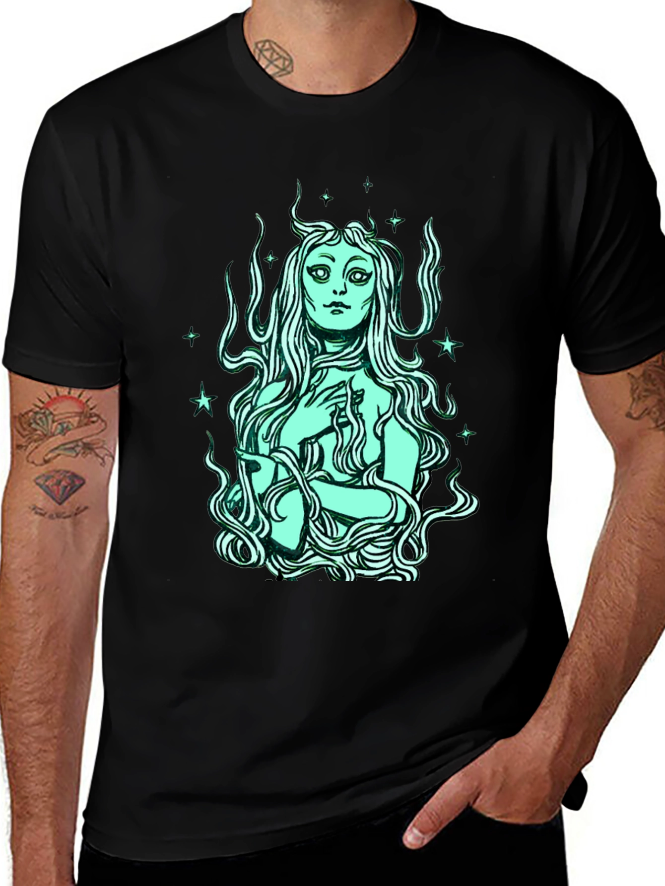 Mystic Mermaid Graphic Tee - Black Cotton Blend