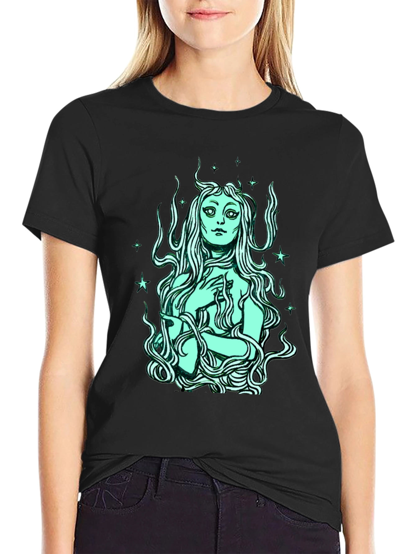 Mystic Mermaid Graphic Tee - Black Cotton Blend