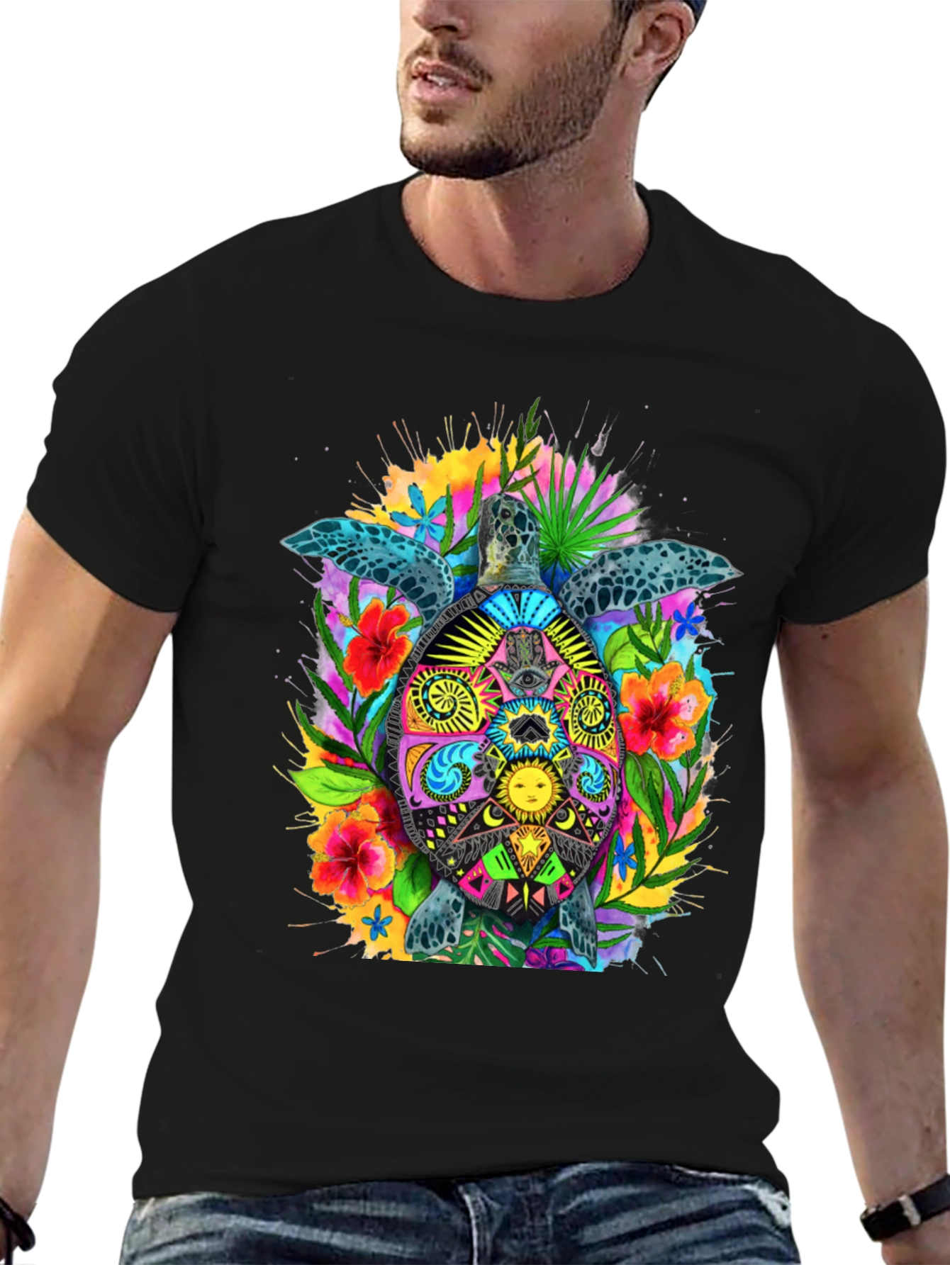 Vibrant Turtle Graphic Tee - Black Cotton Blend