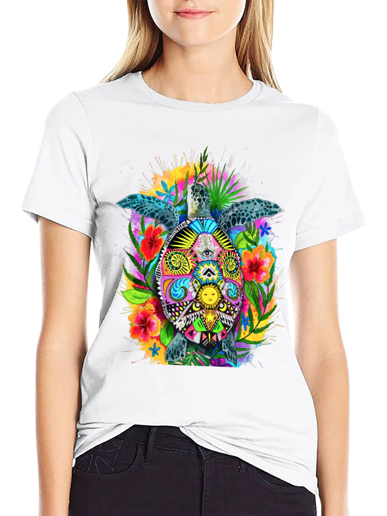Vibrant Turtle Graphic Tee - Black Cotton Blend