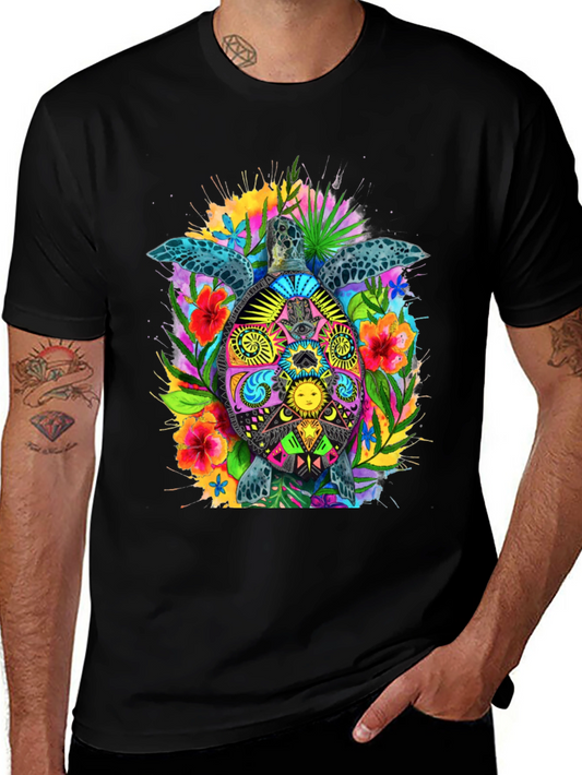 Vibrant Turtle Graphic Tee - Black Cotton Blend