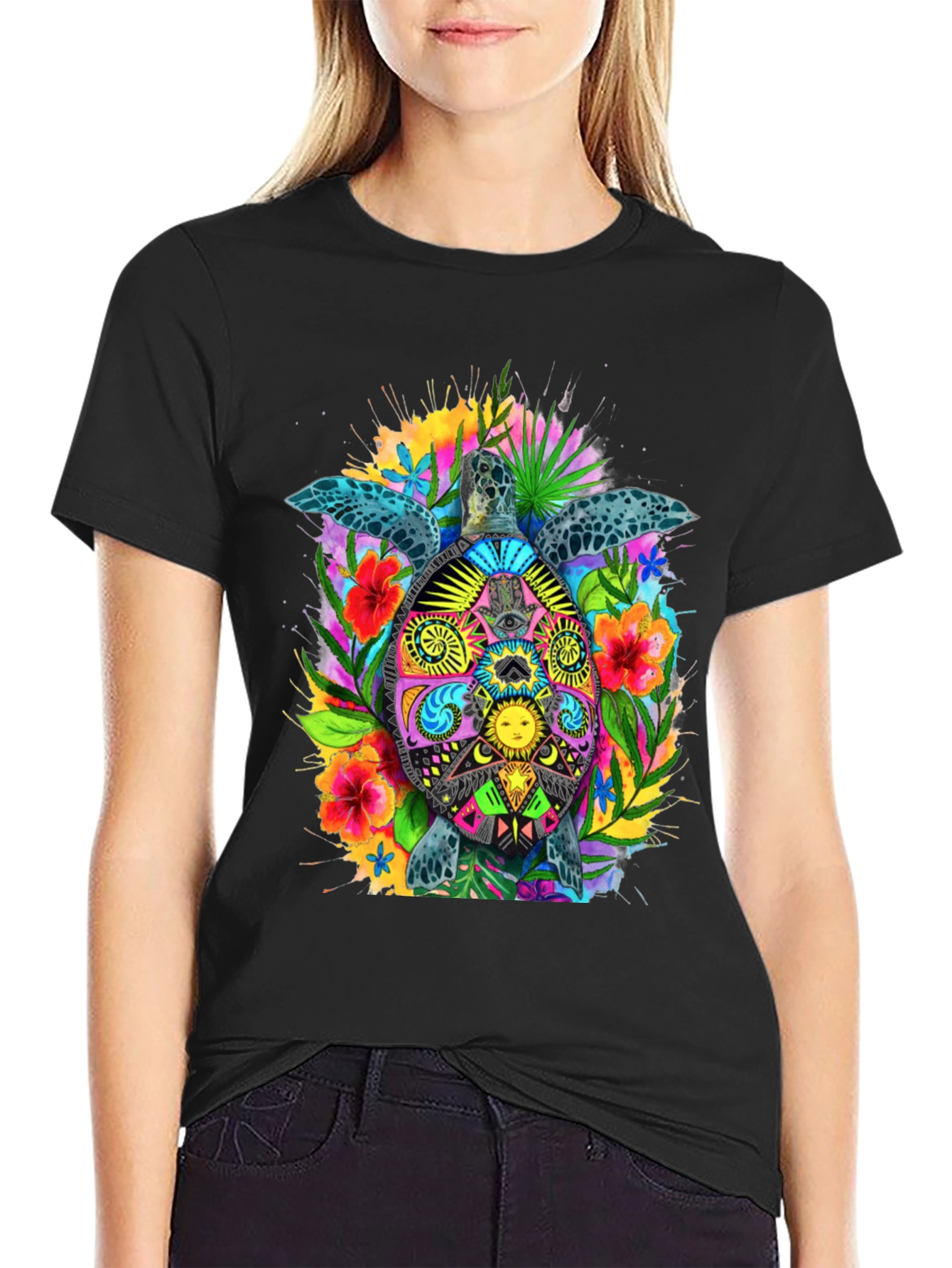 Vibrant Turtle Graphic Tee - Black Cotton Blend