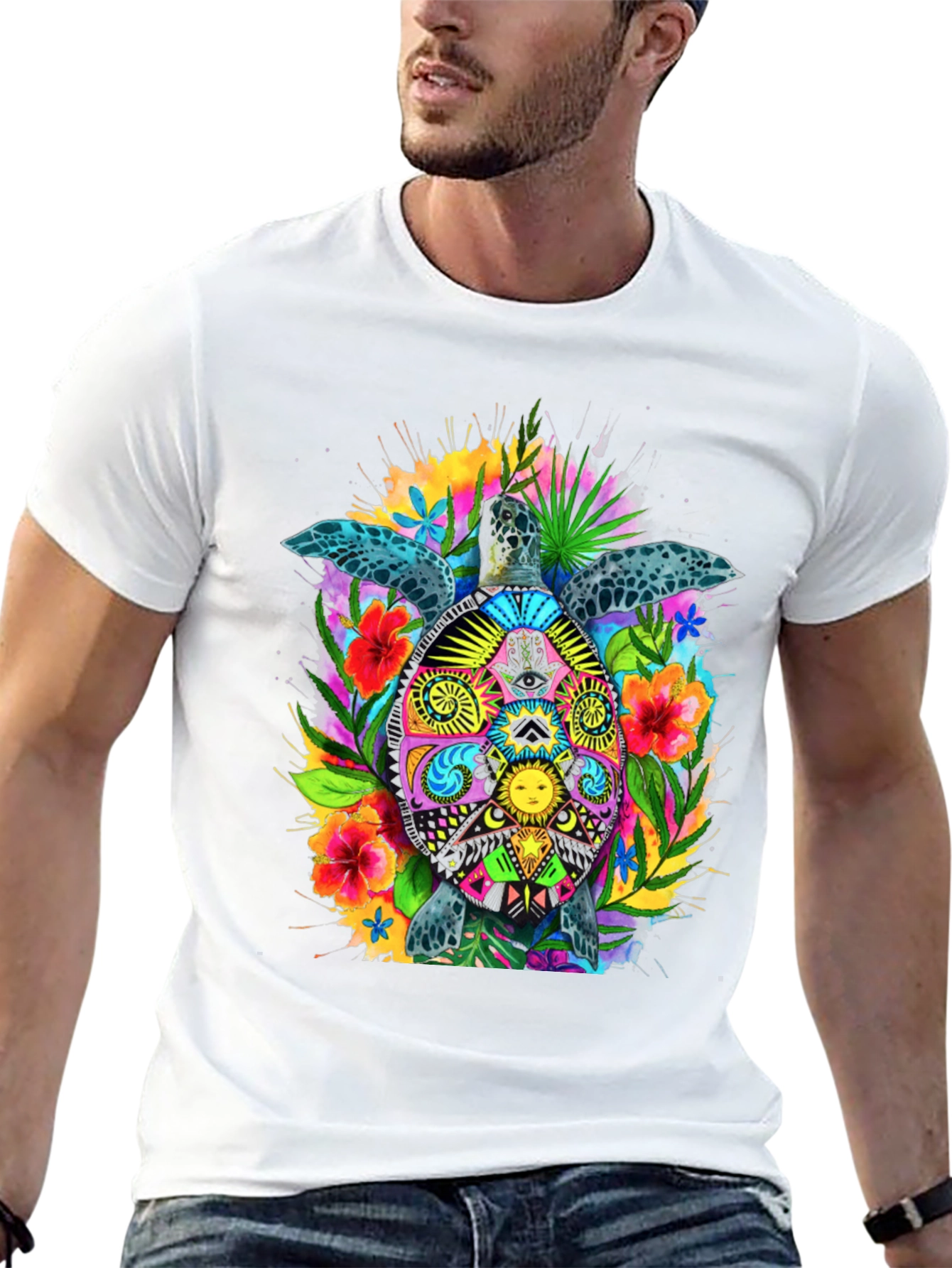 Vibrant Turtle Graphic Tee - Black Cotton Blend