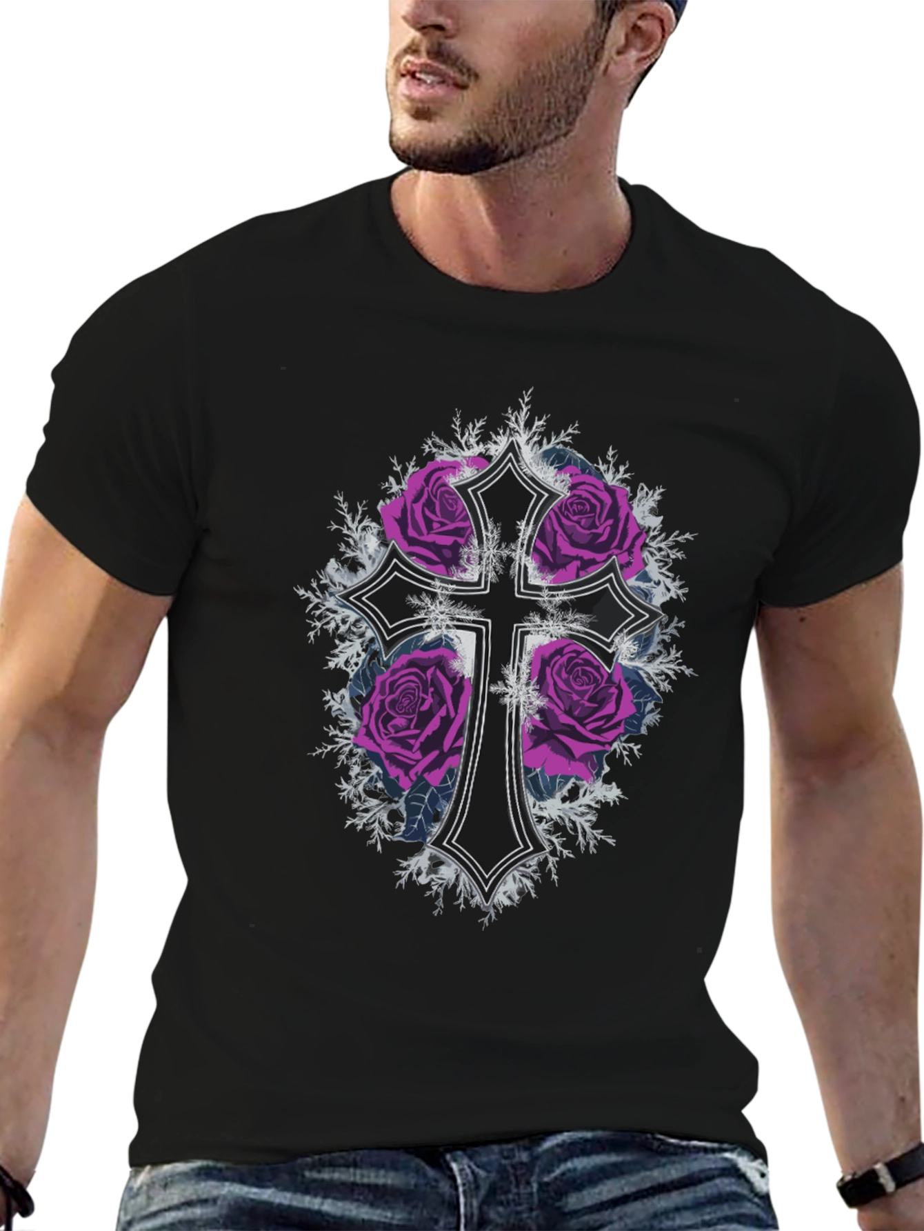 Gothic Rose Cross Black T-Shirt