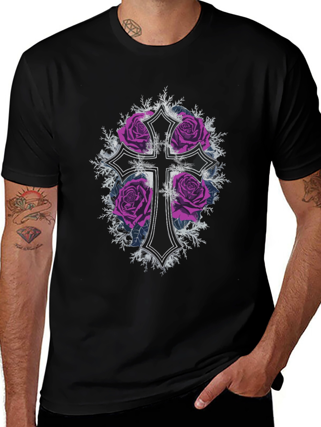 Gothic Rose Cross Black T-Shirt