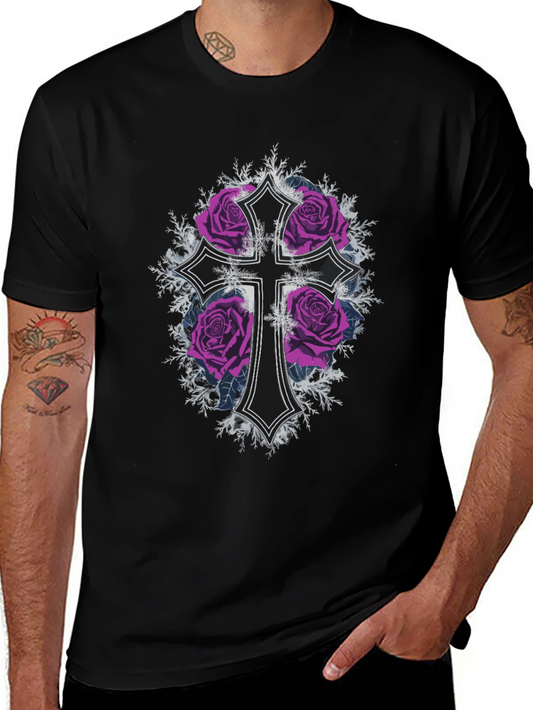 Gothic Rose Cross Black T-Shirt