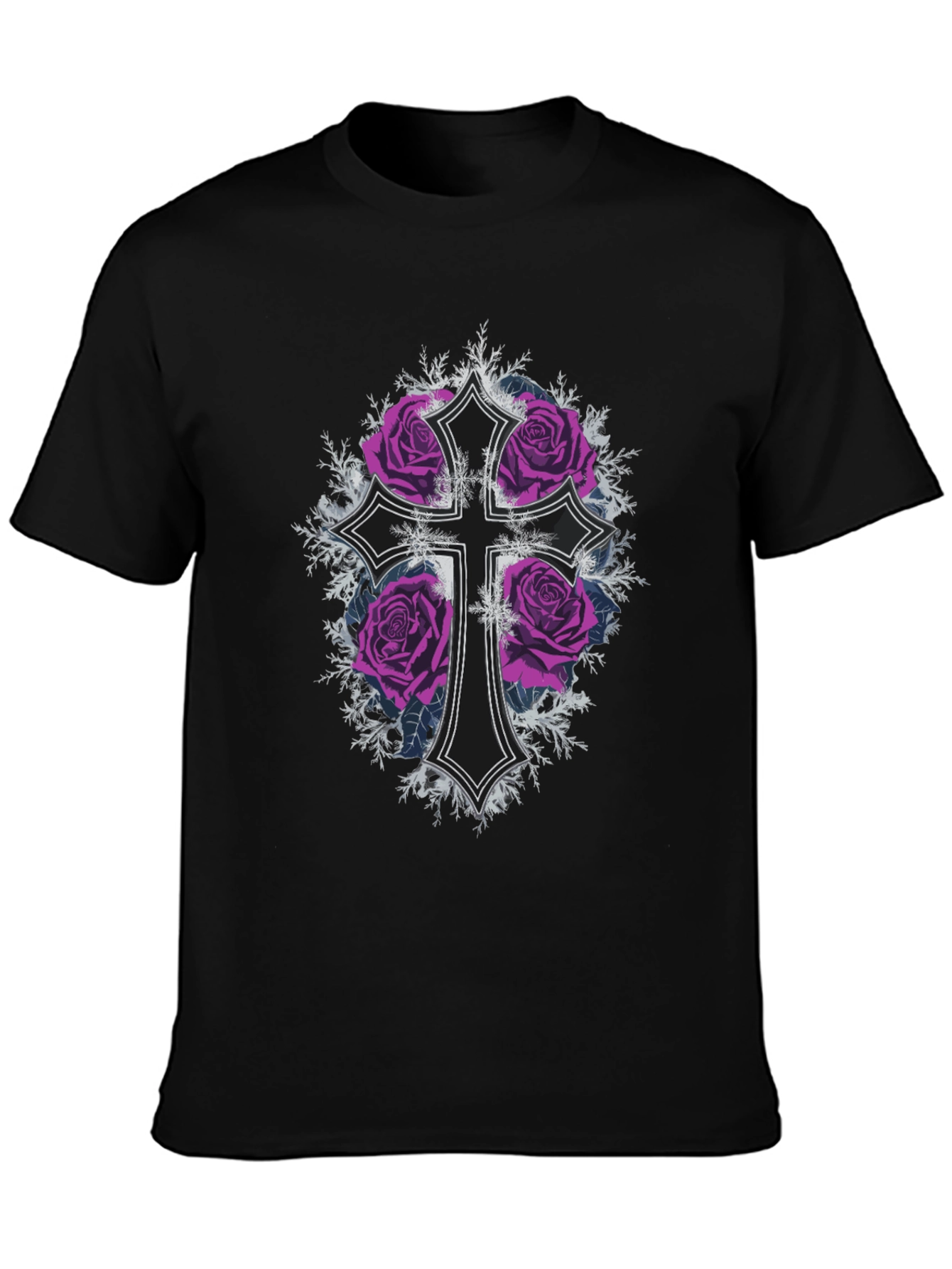 Gothic Rose Cross Black T-Shirt