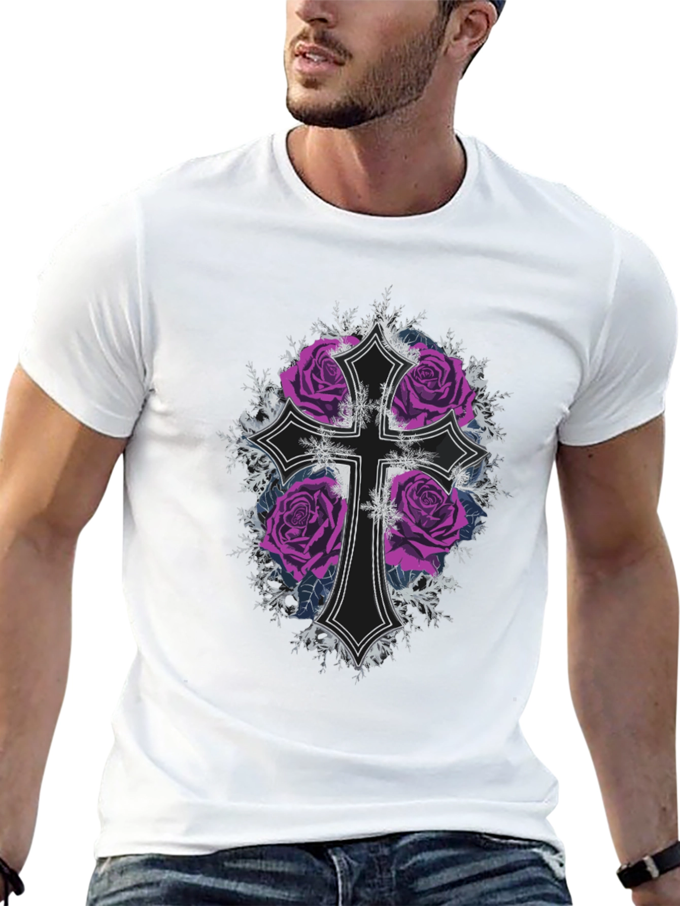 Gothic Rose Cross Black T-Shirt