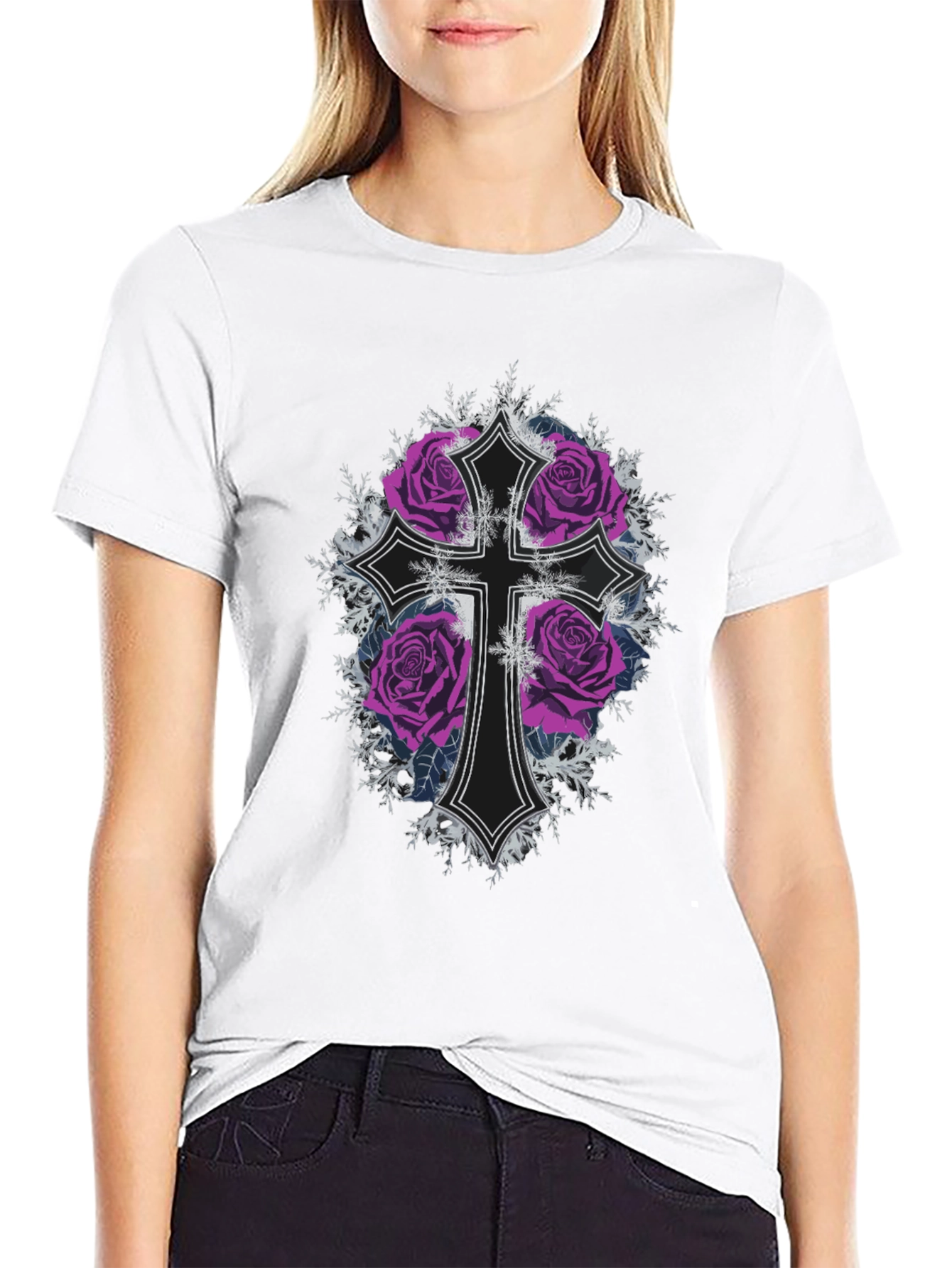 Gothic Rose Cross Black T-Shirt