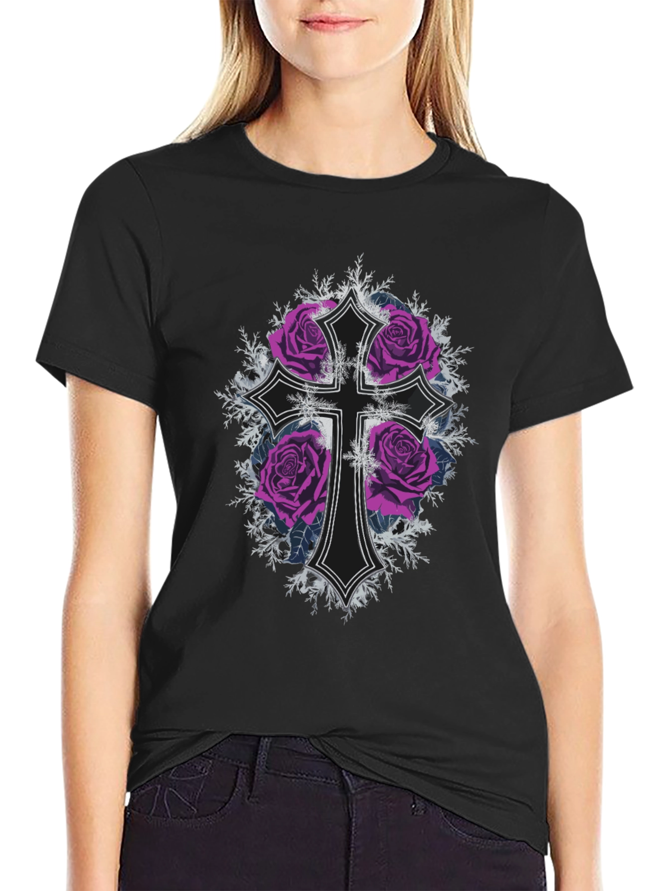 Gothic Rose Cross Black T-Shirt