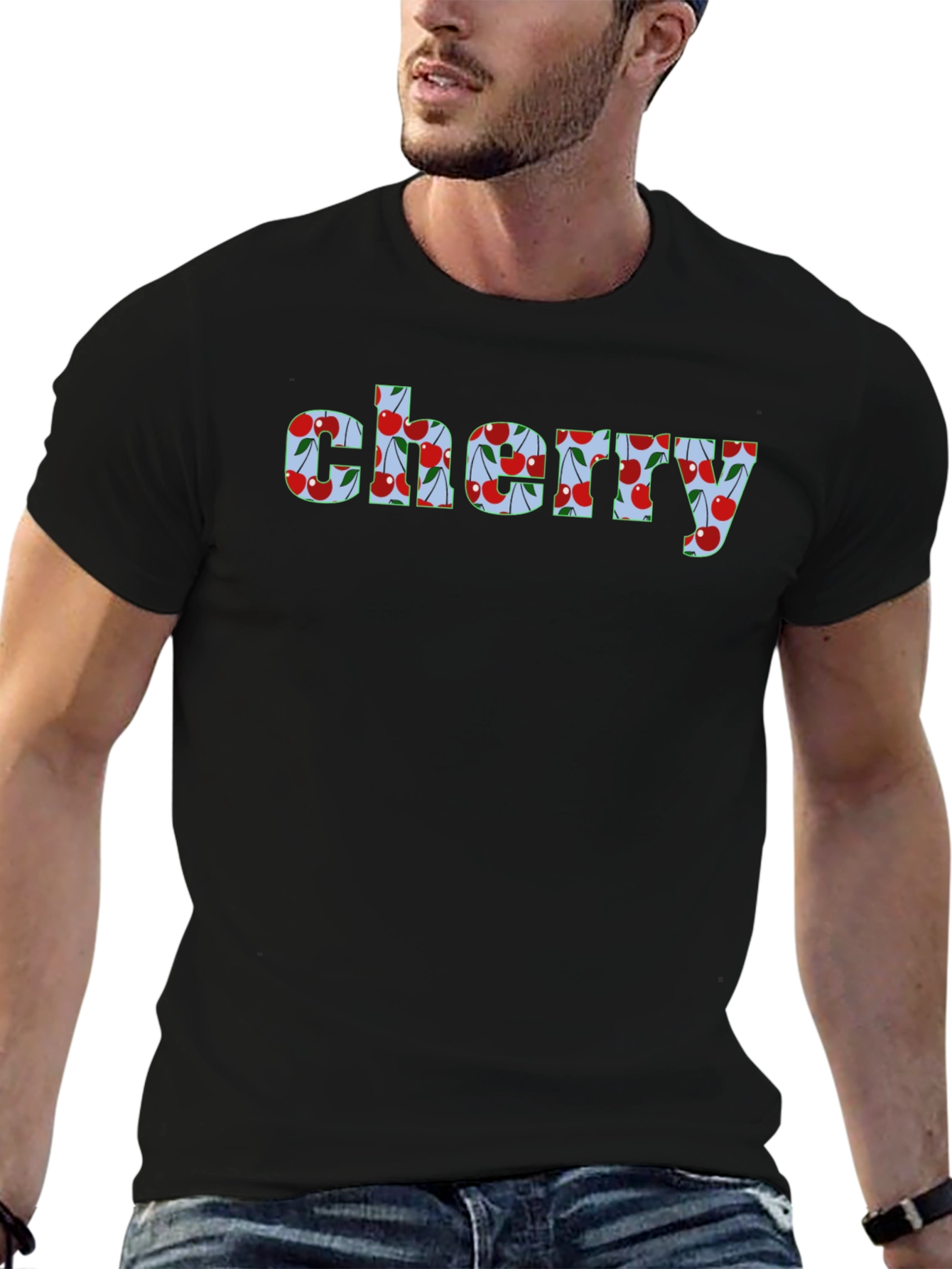 Cherry Print Mens Black Graphic Tee Shirt