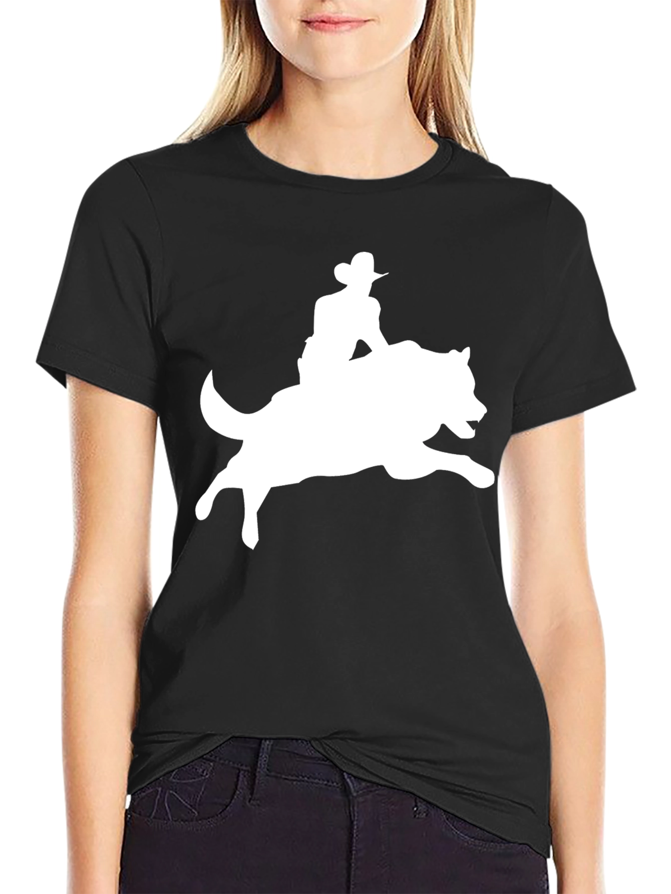 Cowboy Riding a Wolf Graphic Tee - Black T-Shirt