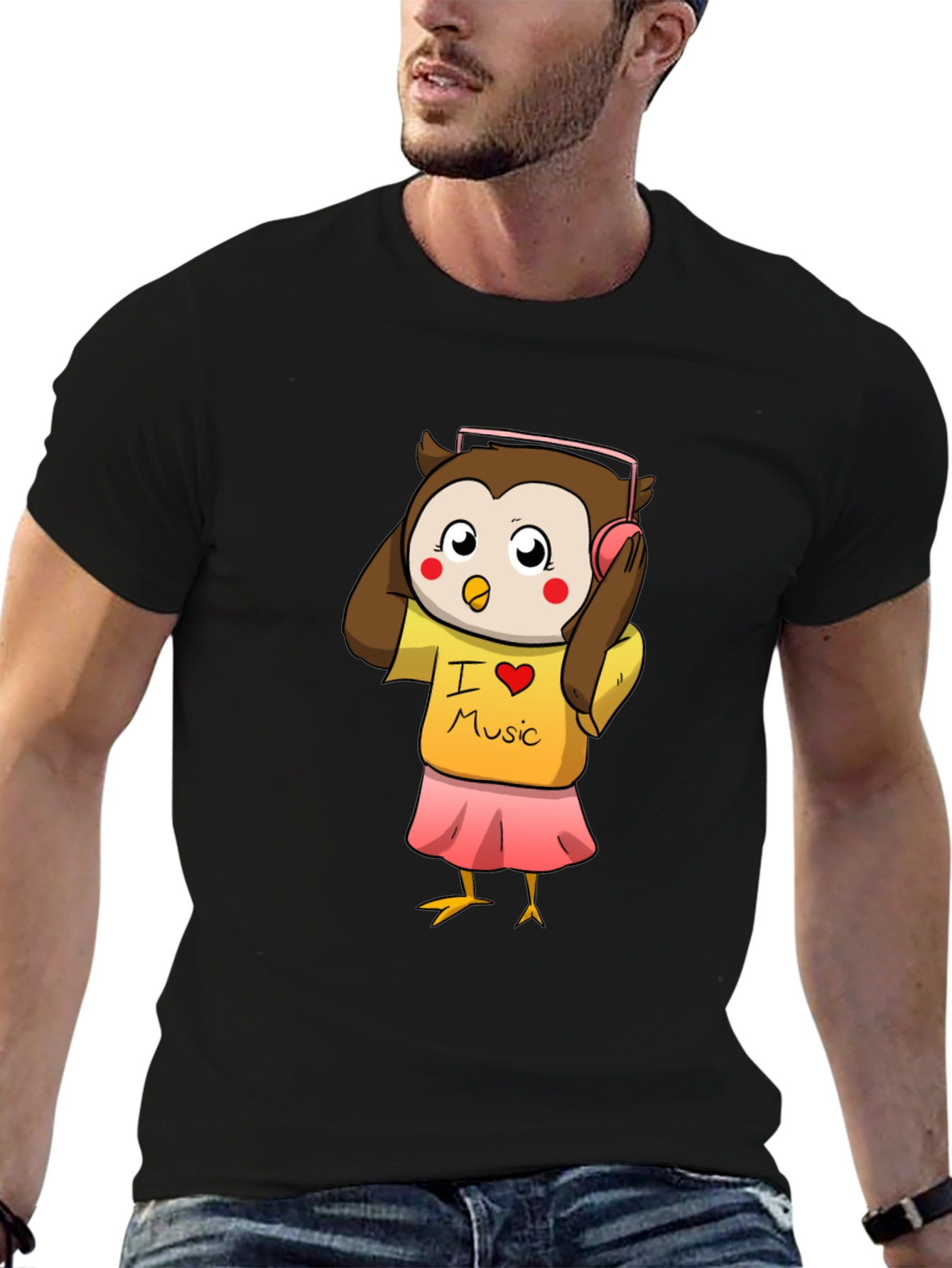Owl I Love Music Black T-Shirt