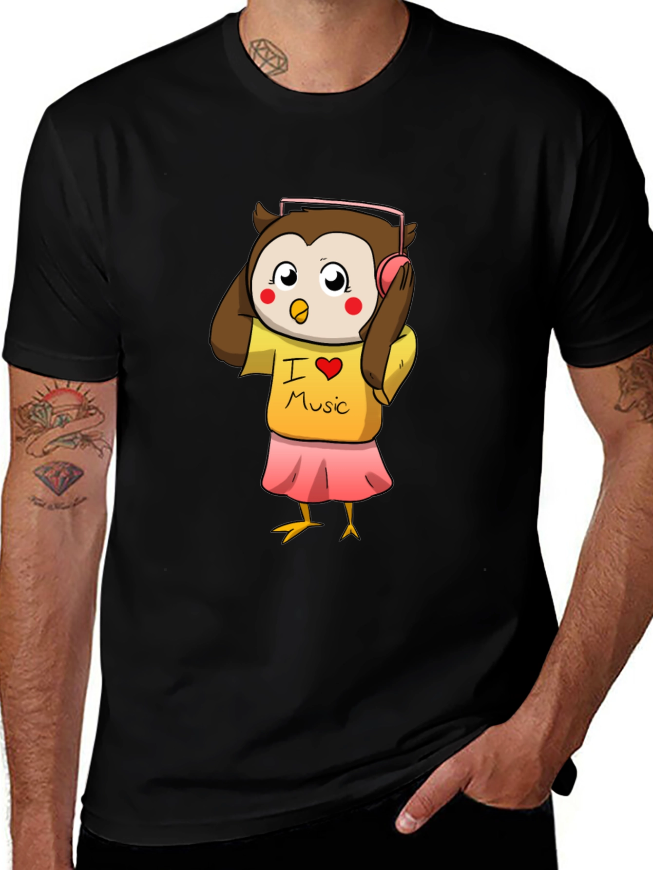 Owl I Love Music Black T-Shirt
