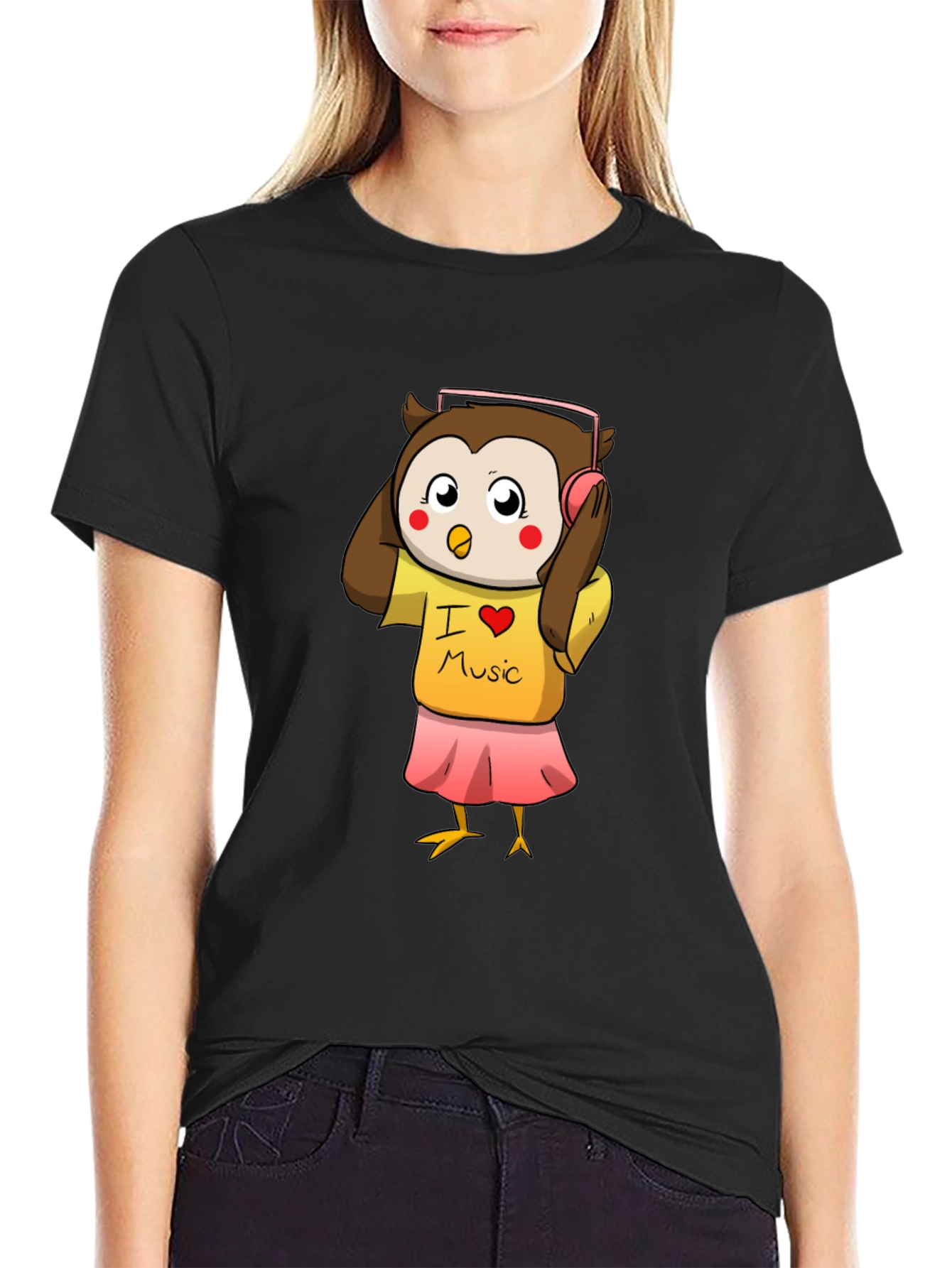 Owl I Love Music Black T-Shirt