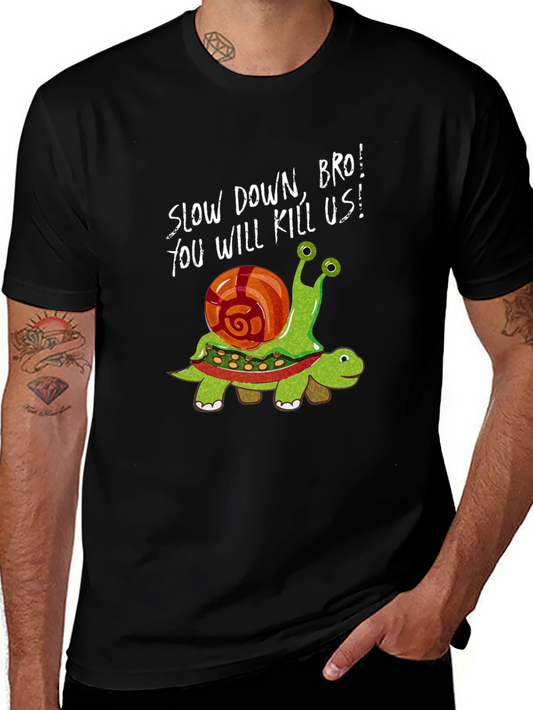 Funny Snail Riding Turtle Graphic Tee - Slow Down Bro!